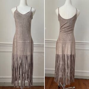 Design Lab Beige Moleskin Sueded Fabric Spaghetti Strap Fringe Slip Dress XS